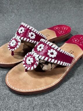 Palm Beach Sandals Womens Size 9 Red/White Leather Whipstitch Toe Post Slides